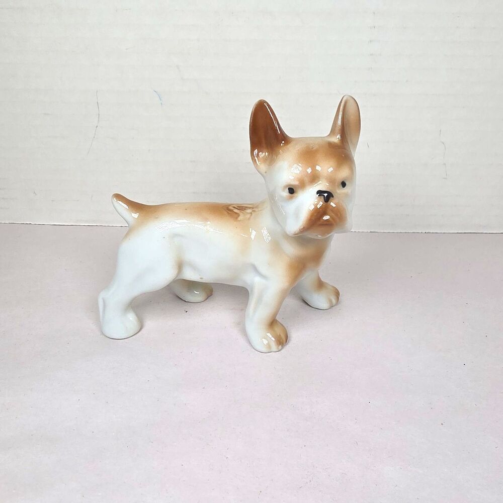 Vintage French Bulldog White w/ Tan Markings Japan Porcelain Figurine
